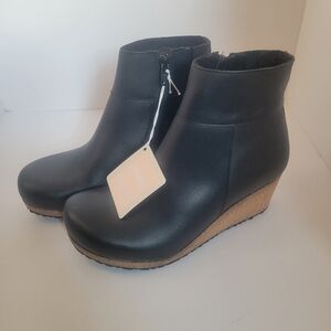 Birkenstock Papillio Ebba Wedge Black Leather Boots Size 38 Women 7 New W/O Box